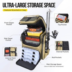PLUSINNO Fishing Backpack with Rod Holders Tackle Box, 42L Large Water-resistant