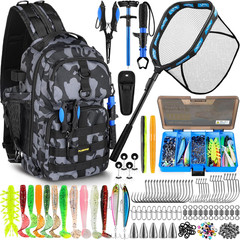 PLUSINNO Fishing Gear,Fishing Backpack with Floating Fishing Net,Tackle Boxes,Wa
