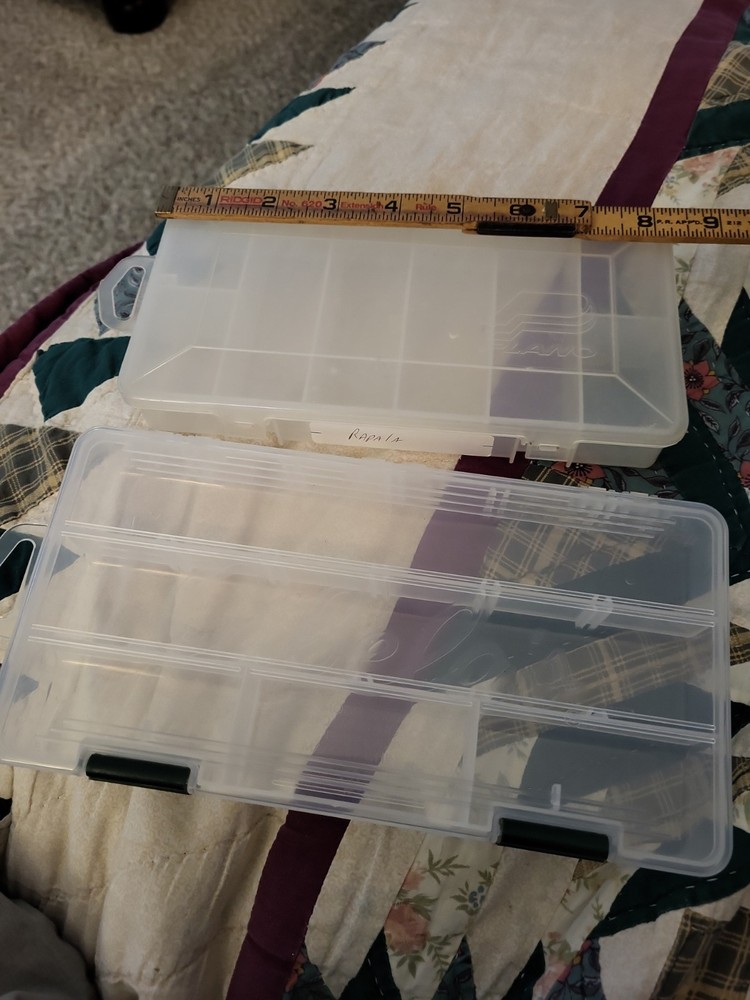 Two Plastic Fishing Tackle Boxes:Cabelas-9×4.5×1.5″. Plano-8.5×4.25×1.5″