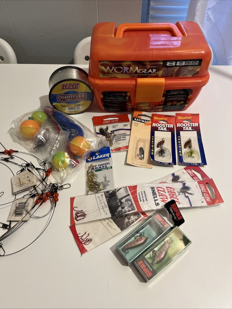 South Bend Wormgear Orange Tackle Box 88+Pieces Fishing Extra Accessories NEW
