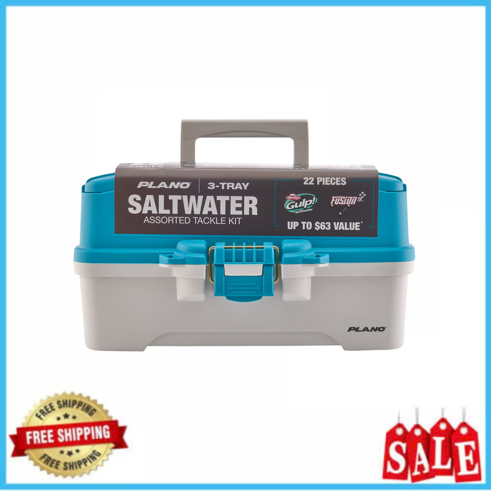Plano 3-Tray Fishing Tackle Box Blue w/ Berkley Saltwater Bait Kit Combo – New