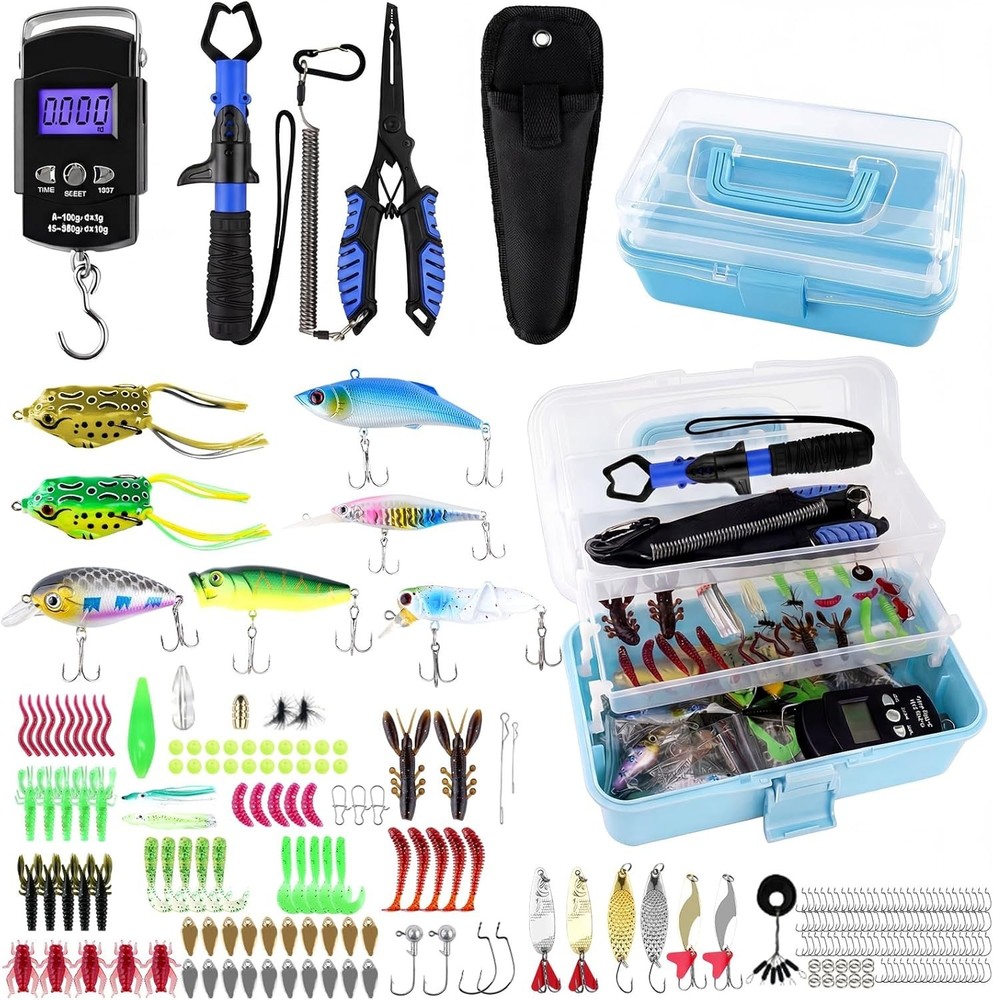 3-Layer Blue Fishing Tackle Box with Tackle Included, Fishing Tool Kit Includes