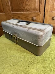 Vintage Steel Metal Liberty Quality Fishing Tackle Box Unique Rod Holder 18” L