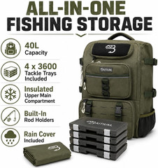 Fishing Backpack and Tackle Bag with Cooler, 40L Capacity, 4 Trays – Green