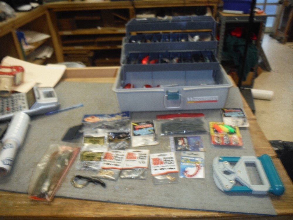Woodstream tackle box loaded with game fish lures, hooks, worms tools jigs *216