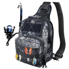 Kynzo Fishing Sling Backpack with Rod Holder, Water D- Pythonskin Black