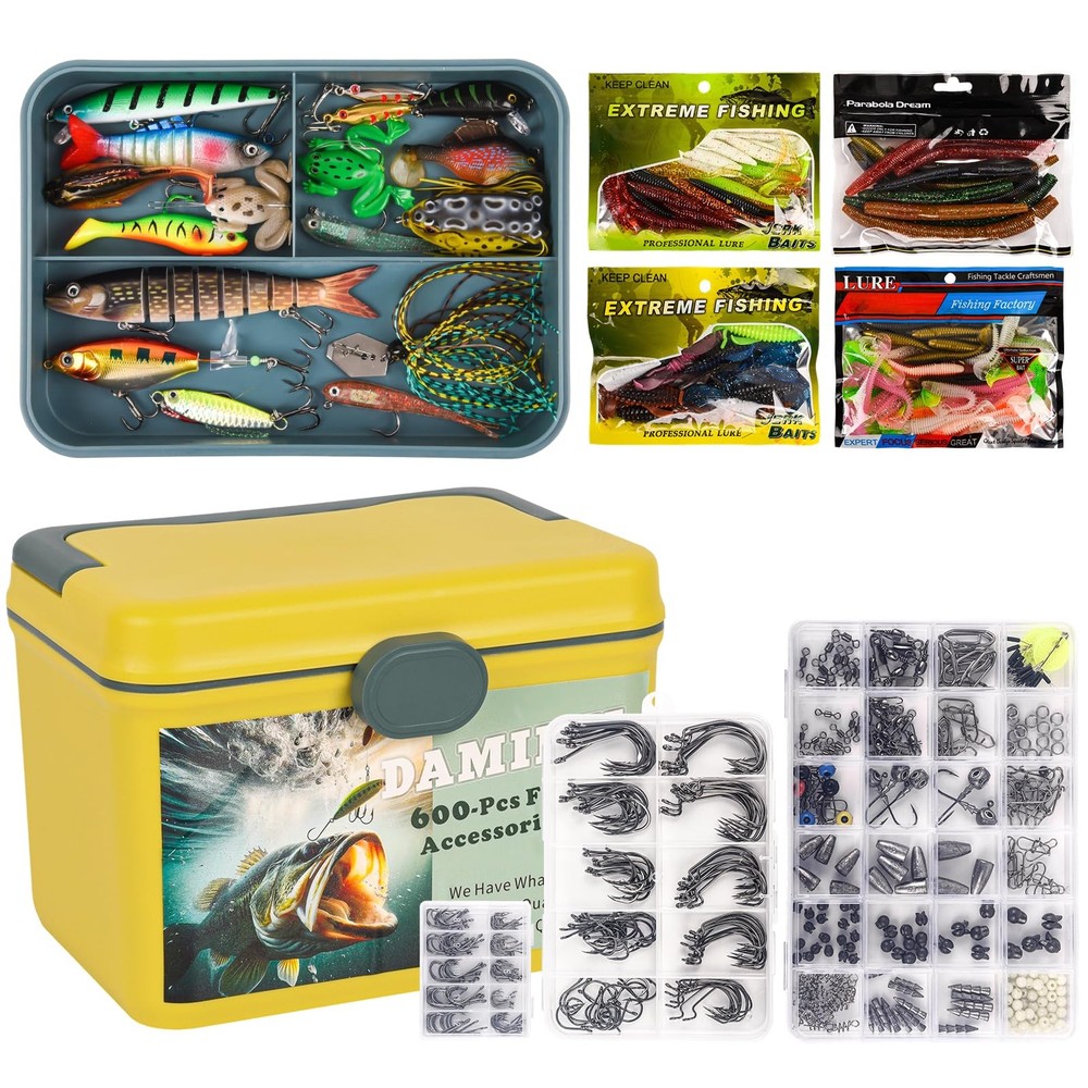 600 Pcs/Tackle Box Fishing Kit-Fishing Hooks,Sinkers, Swivels Snaps,Top Water…