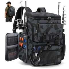 Fishing Backpack, 45L Large Fishing Bag with 4 Rod Holders & Black Camouflage