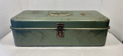 Vintage Old Fishing Tackle Box Metal Green Steel w/ Vintage Fishing Tackle Gear