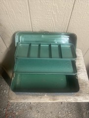 Vtg Antique Grandpas Metal Fishing Tackle Tool Box 13x6x6 Blue Color Patina
