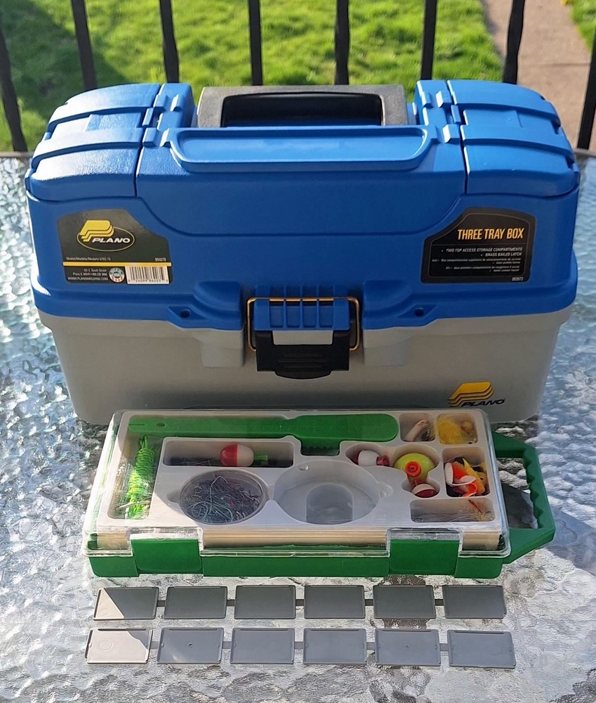 🔥PLANO 3-Tray TACKLE BOX W/ Dual Top Access~Collapsible Handle Blue/White “NEW”