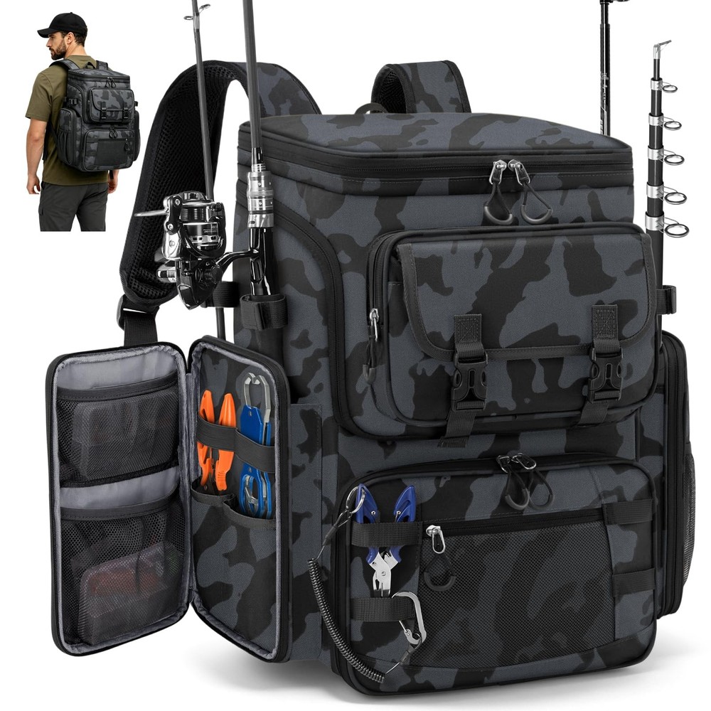 RAINSMORE Fishing Backpack, 45L Large Bag with 4 Rod Holders & Insulated Cooler