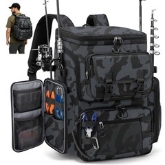RAINSMORE Fishing Backpack, 45L Large Bag with 4 Rod Holders & Insulated Cooler