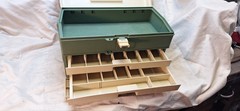 Vintage Plano 707 Tackle Box Tan/Green Made in USA two drawer plus top storage