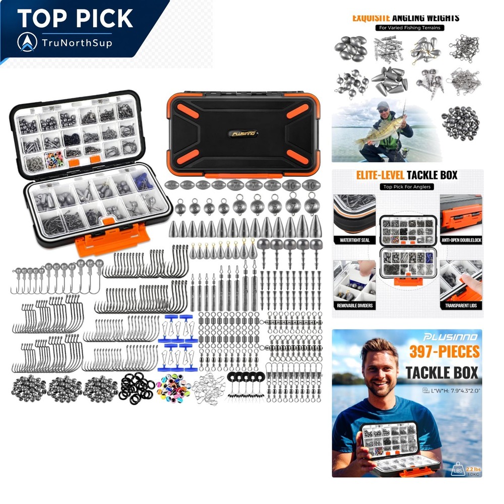 397pcs fishing tackle box set with hooks weights swivels beads for bass trout…