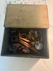 VINTAGE WOODEN FISHING TACKLE BOX w 16 Lures, 4 Reels, Finland Filet Knife