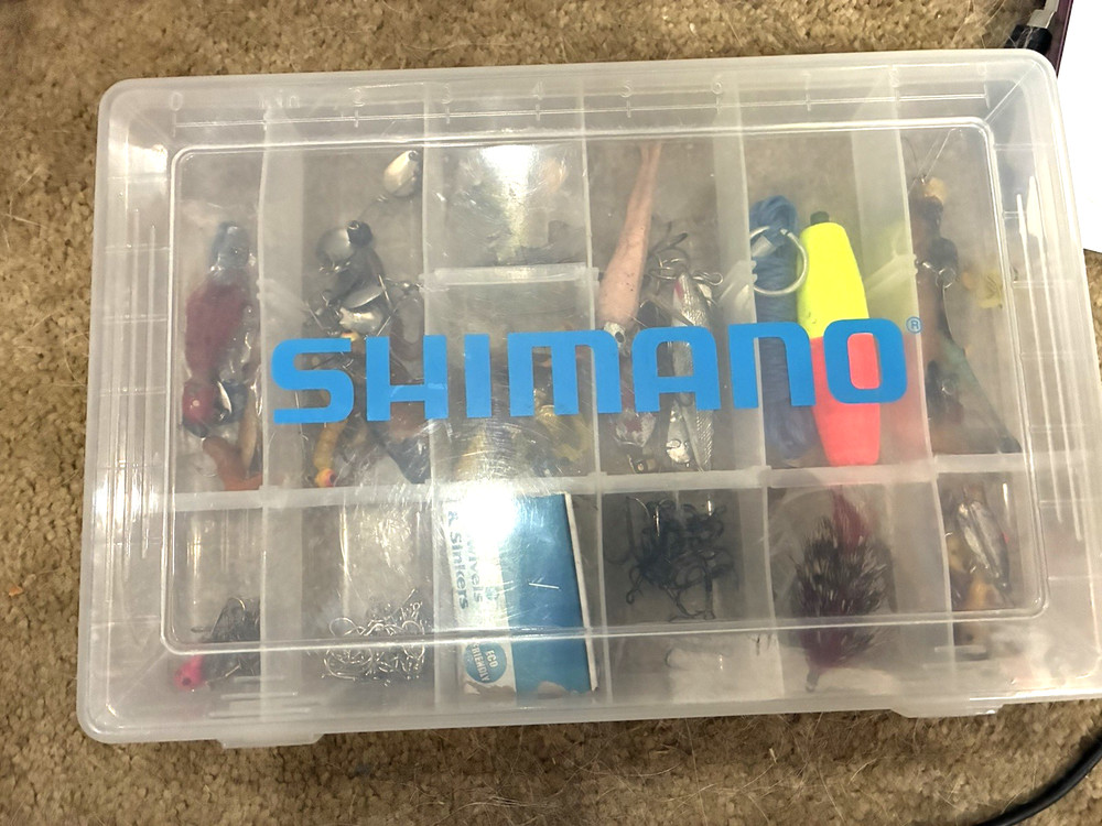 Shimano Tackle Box, loaded w/fishing lures, weights, hooks, bobber, weights
