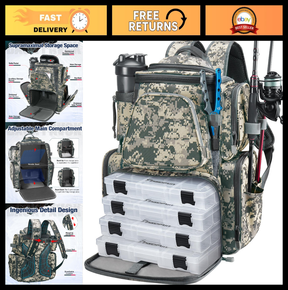 Fishing Backpack with 2 Rod Holders & 4 Tackle Boxes, Large Storage Bag, Rain Co