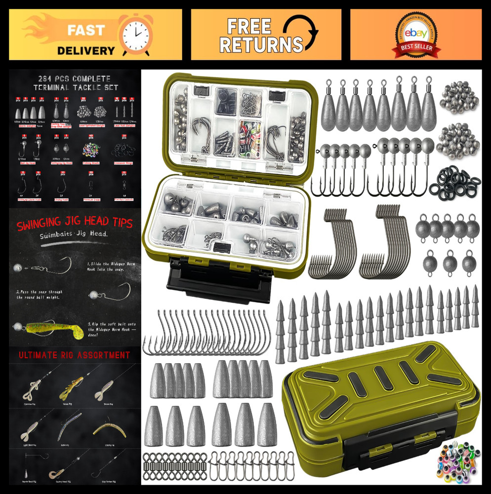 Fishing Tackle Box Kit 264/423PCS – Hooks, Weights, Sinkers for Bass & Trout, Gr