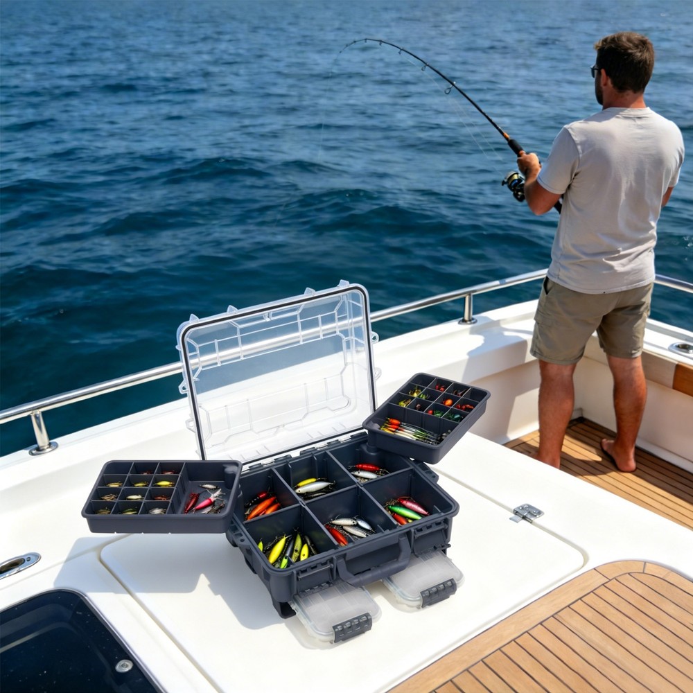 Fishing Tackle Box w/ Removable Tackle Tray Large Portable Utility Boxes Grey