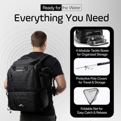 Waterproof Fishing Backpack W/ Tackle Boxes Rod Holder & Foldable Net 40L
