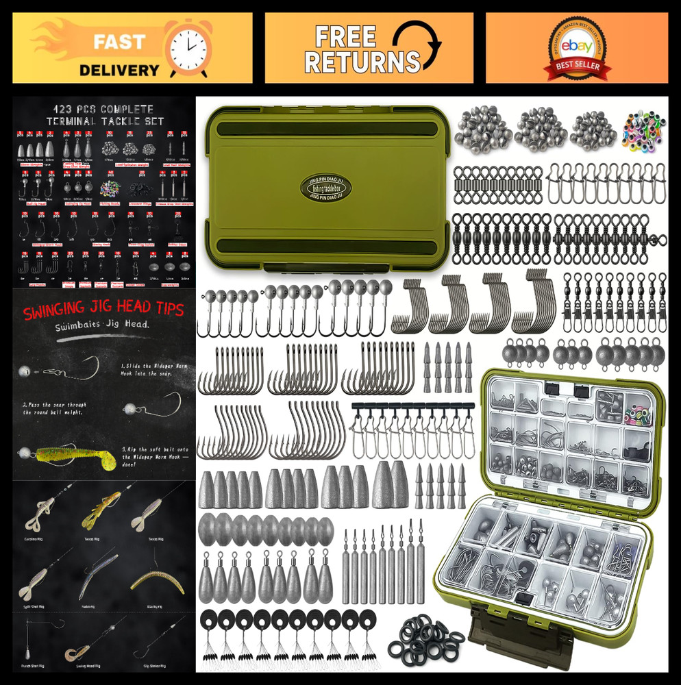 Fishing Tackle Box Kit 264/423PCS – Hooks, Weights, Sinkers for Bass & Trout, Gr