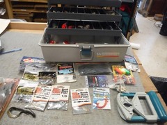 Woodstream tackle box loaded with game fish lures, hooks, worms tools jigs *216