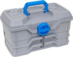 Modern 4-Tray Fishing Tackle Box with Top Storage & 25-Piece Kit in Light Gray
