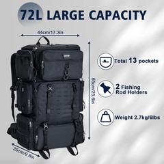 Ultimate Fishing Backpack with Cooler, 72L Tackle Bag & Rod Holders