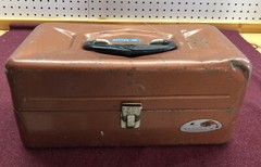 VINTAGE SEARS ROEBUCK & COMPANY METAL COPPER TONE TACKLE BOX USA Fish Logo