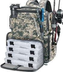 Fishing Backpack with 2 Rod Holders & 4 Tackle Boxes, Large Storage Bag, Rain Co