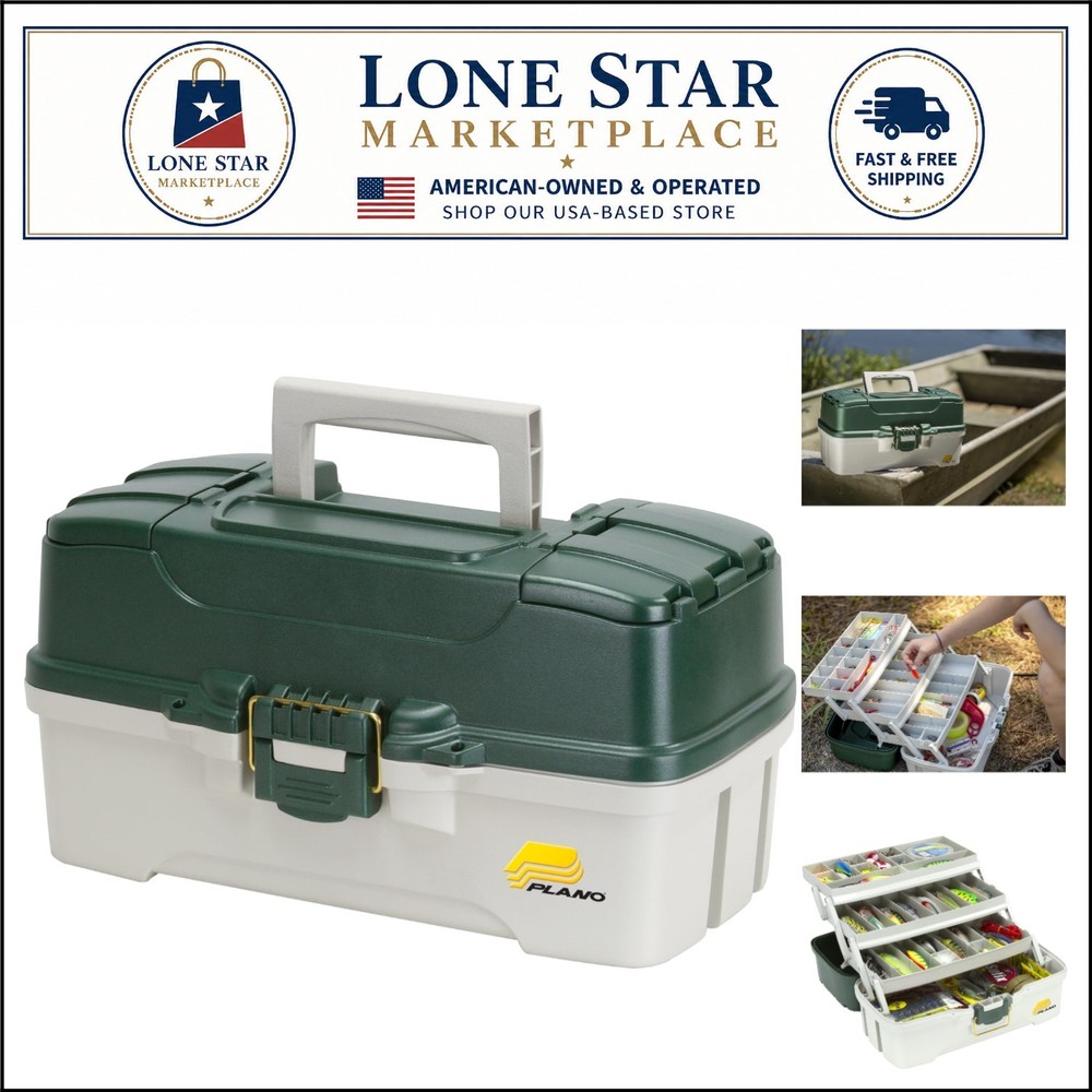 Dark Green Metallic 3-Tray Tackle Box with Dual Access for Fishing Essentials