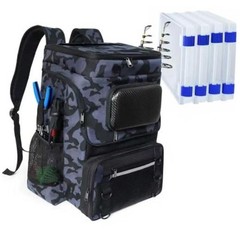 Fishing Backpack with Rod Holder, Large 50L Camo Black with 4 Tackle Boxes