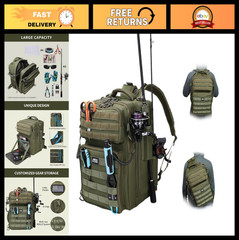 Large Capacity Waterproof Fishing Backpack with Rod Holder & Tackle Storage, Gif