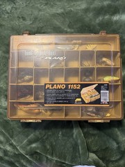 Plano 1152 Magnum a popular vintage, double-sided plastic tackle box with lures.