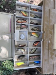 Plastic Fishing Tackle Box Organizer w/ Assorted Lures Brown/Beige 15in