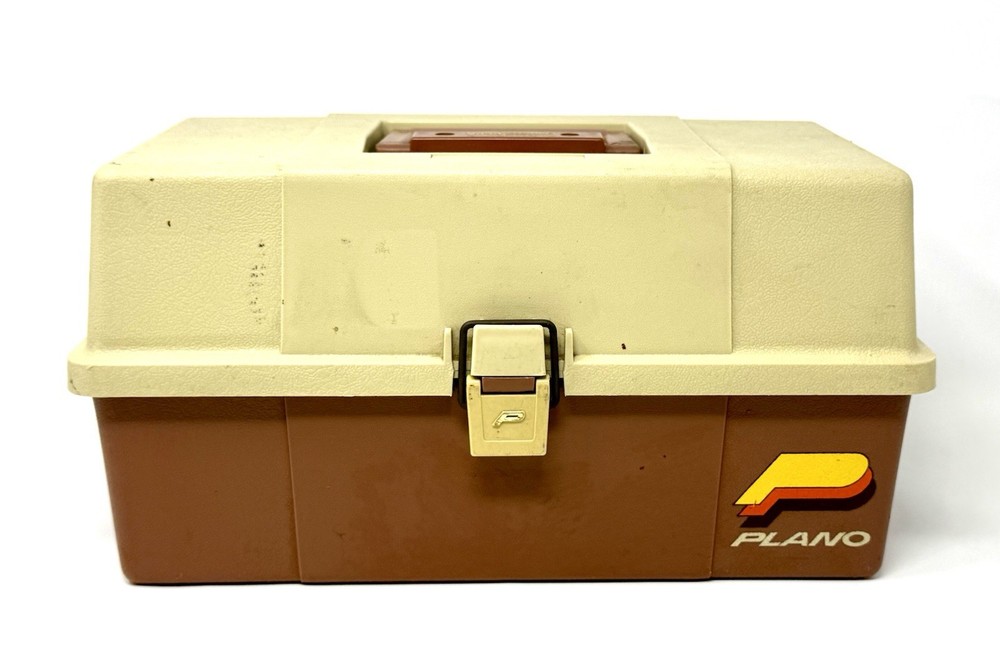 Vintage Plano 5630 Fishing Tackle Box 3 Tier Trays Brown Beige Made in USA