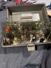 Vintage Adventurer Model 1703 Tackle Box with 31 Spinner Lure Baits
