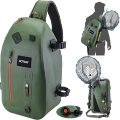 Waterproof Fly Fishing Sling Pack with Rod Holder & Airtight Zipper, 13L