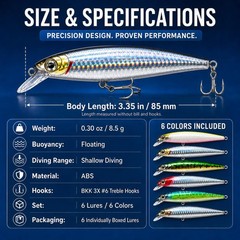 Floating Minnow Fishing Lure, 3.35in 0.30oz ABS Hard Bait with BKK 3X Size 6 …