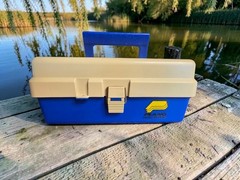 Vtg Plano Tan Royal Blue Tackle Box 13″x8″ With Inner Tray Empty Fishing Camping
