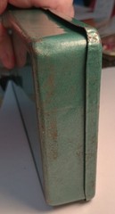 Metal Fishing Tackle Box with Flies and Supplies Vintage Green 1.5 x 4.5 x 10 in