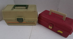 Vintage Sportfisher 3 Tiered Woodsteam &Plano Basic Tackle Boxes set of 2