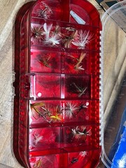 Vintage Old Pal fishing tackle box with vintage fly fishing lures (27098)