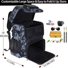 Fishing Backpack with Rod Holder, Large 50L Camo Black with 4 Tackle Boxes