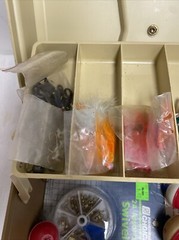 VTG Tan Plano 5000 Fishing Tackle Box Full of Lures Bobbers Hooks
