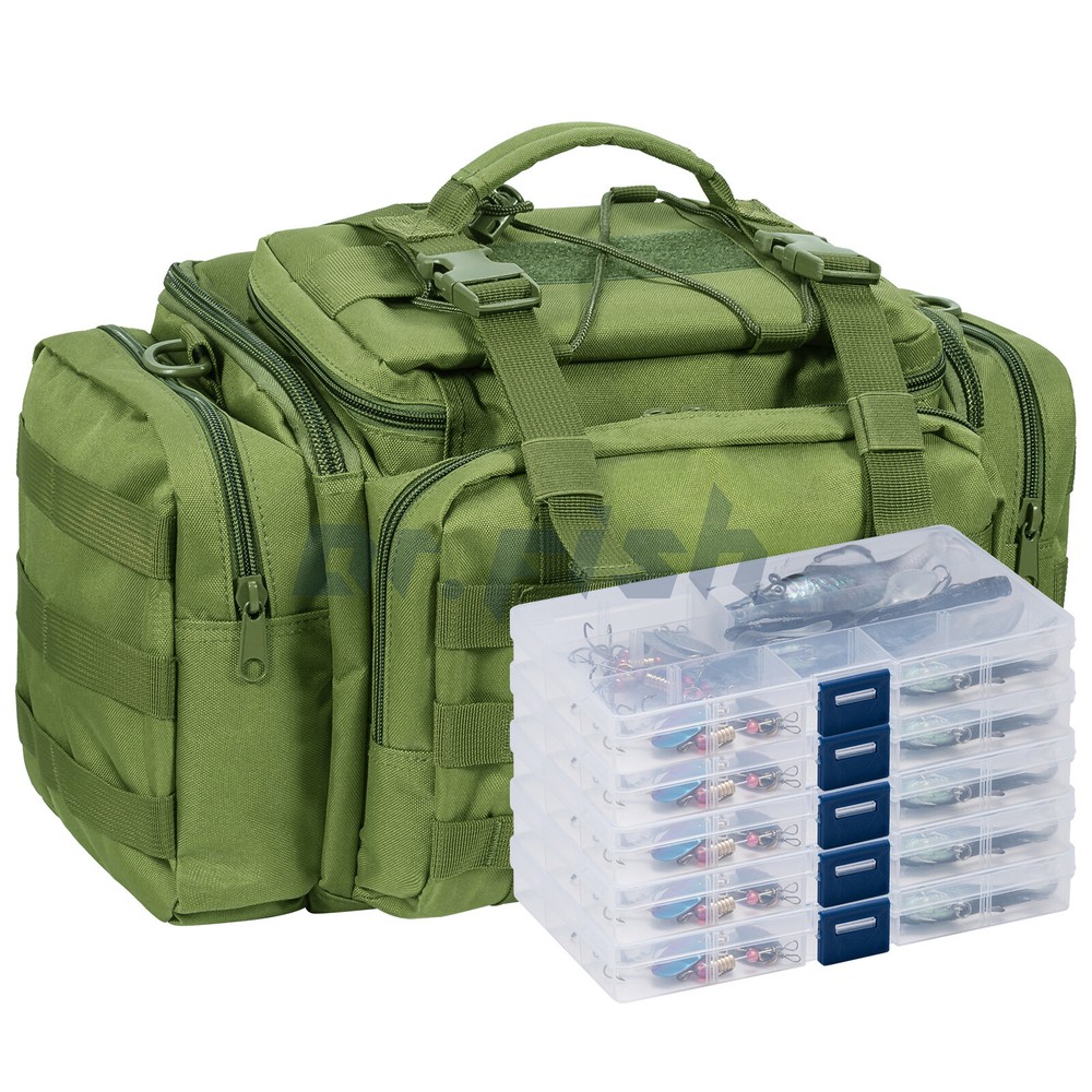 Large Fishing Tackle Bag 5 Tackle Boxes with 60 Fishing Lures Padded Shoulder