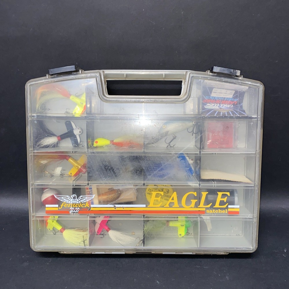 VINTAGE FENWICK EAGLE SATCHEL TACKLE BOX LAKE Lures Accessories Lot #4