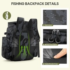 Fishing Backpack, 45L Large Fishing Bag with 4 Rod Holders & Black Camouflage