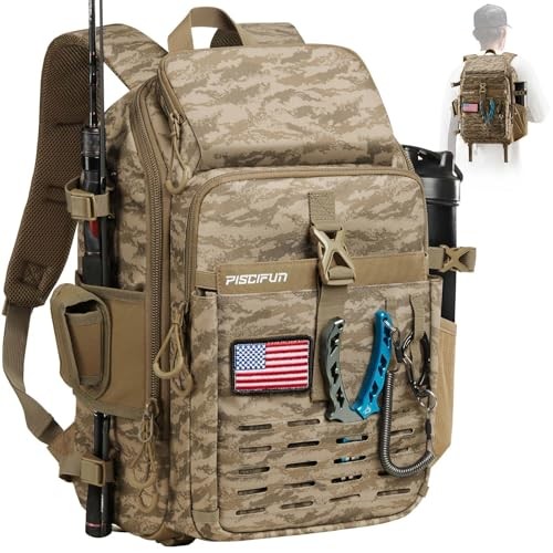 Fishing Tackle Backpack with Rod & Khaki Camouflage Large (16.9*7.5*12inch)